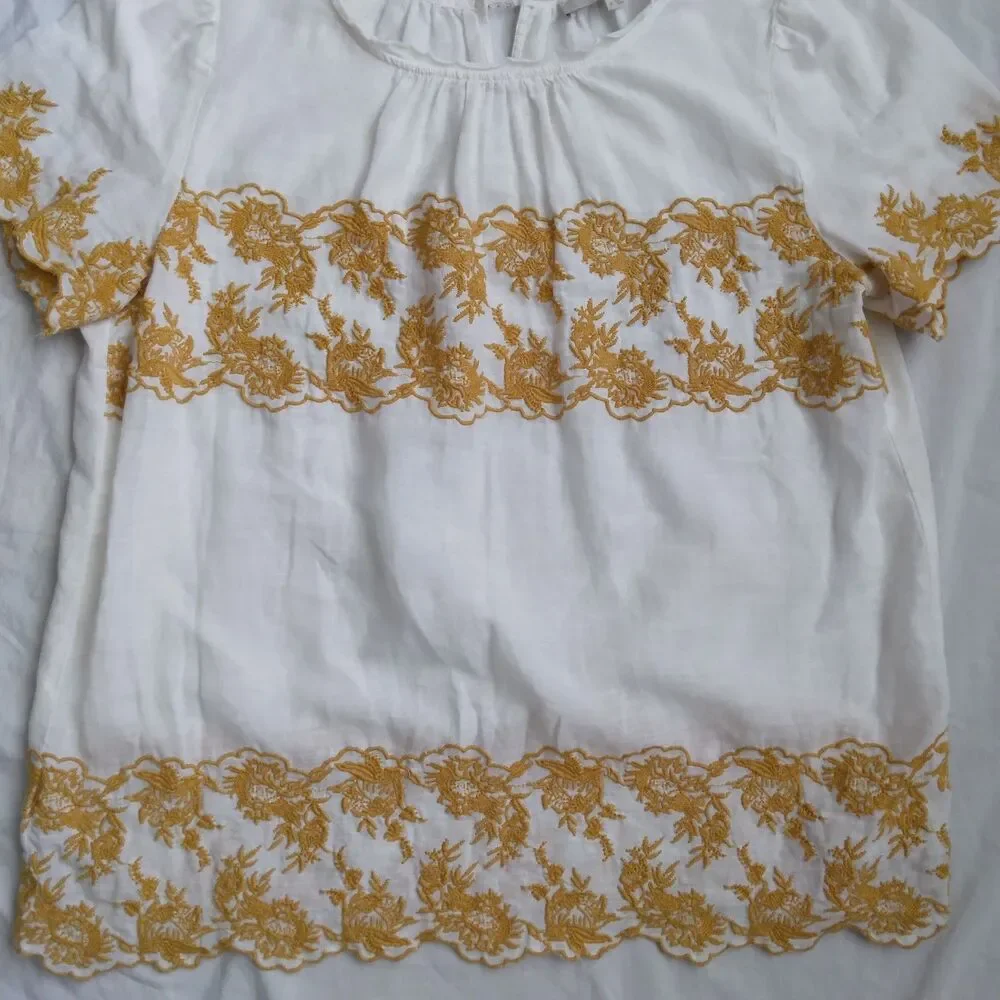 Ann Taylor Loft Blouse Linen Blend Embroided Peasant Boho Women's Size M - Picture 4 of 12